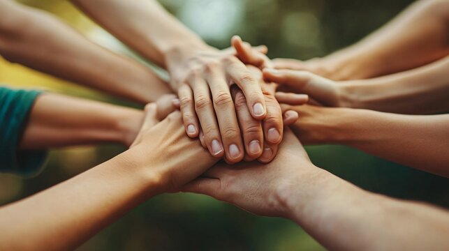 A group of people join hands together showing teamwork and solidarity