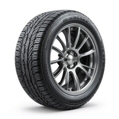 Obraz premium A Powerful, Sleek Tire Showcasing Superior Grip And Performance With A Stylish Gunmetal Alloy Wheel Against A Pure White Backdrop