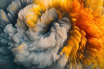 Fototapeta premium An explosion of swirling colors with a dynamic abstract texture, featuring a blend of vibrant yellows and oranges contrasting with cool grays and whites in a fluid motion.