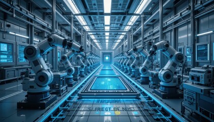 Fototapeta premium Futuristic Automated Factory with Robotic Arms and Neon Lighting