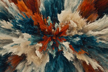 An impressive explosion of colors emanating from a central point with intricate details, showcasing dynamic textures and vibrant shades of blue, red, and beige.