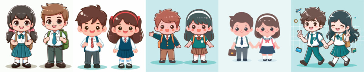 Vector happy two cartoon children a boy and a girl in school uniforms