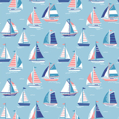 Seamless pattern with hand drawn sailboats. Sailing ship vector design. Perfect for textile, wallpaper or print design. EPS10 vector file.	