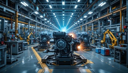 Fototapeta premium Industrial Assembly Line with Engines and Robotic Arms in Factory