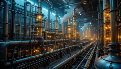 Fototapeta premium Industrial Pipe System with Glowing Lights in Modern Factory Setting