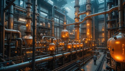 Fototapeta premium Industrial Factory Scene with Pumping Pipes and Illuminated Tanks