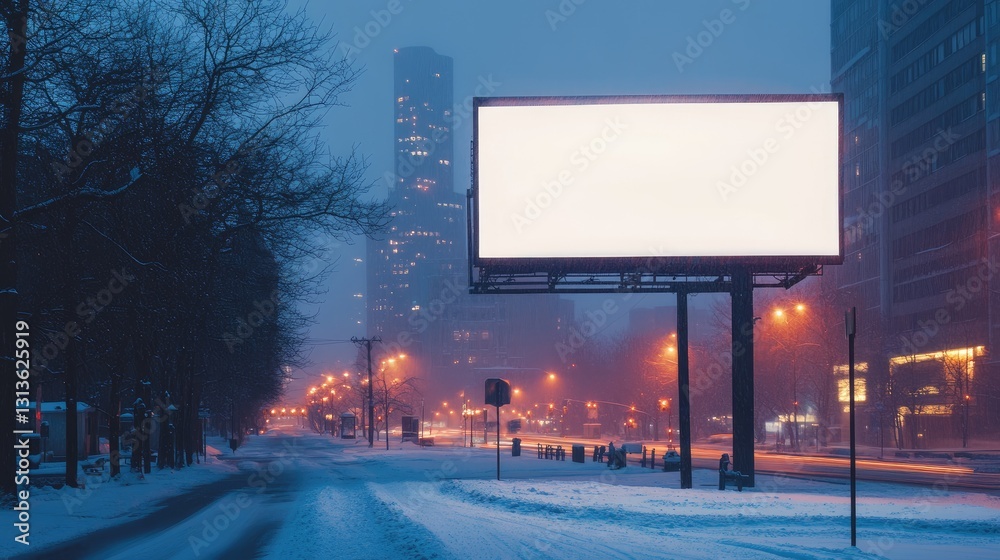 Aufkleber a blank billboard illuminating a snowy city street at dusk, creating a serene winter evening setting