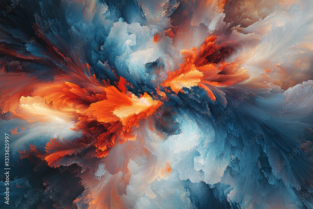 Poster an abstract rendering of vibrant colors exploding in a dynamic swirl, with hues of orange, blue, and