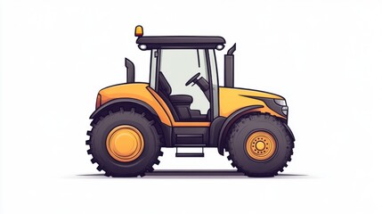 Yellow tractor illustration, side view, isolated on white background.