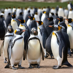 Fototapeta premium Penguins gathered together, some looking at the camera. The penguin in the front is particularly curious and eye-catching.