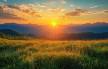 Fototapeta premium Serene Sunrise Over Mountains with Dramatic Sky and Lush Green Grass in the Foreground, Capturing Nature's Breathtaking Beauty at Dawn