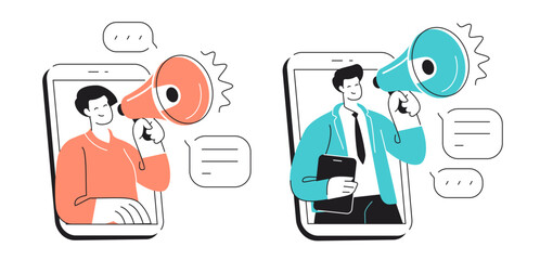 Business promotion, social media marketing and advertising. Human uses megaphone loudspeaker to announce important news