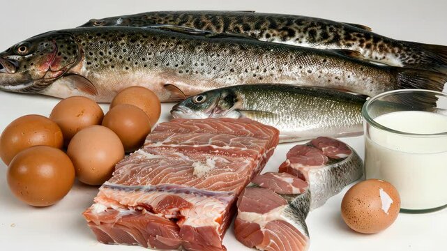 An array of fresh fish, pork, and eggs is laid out on a table, showcasing ingredients for a delicious and healthy meal preparation
