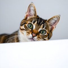 Curious tabby cat peeking over white surface.