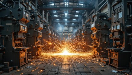 Industrial Workshop with Sparks Flying from Machinery Equipment