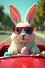 Cool bunny in shades drives red convertible packed with Easter eggs , sunglasses, holiday