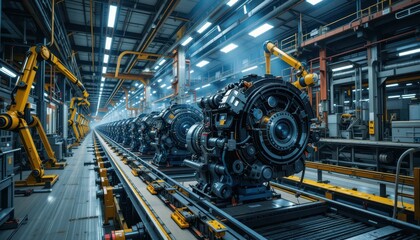 Fototapeta premium Advanced Automated Assembly Line with Industrial Robotics and Engines