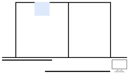 Minimal workspace layout featuring a large window with panels, desk with sleek lines, and monitor. Ideal for productivity, office planning, design ideas, decor concepts, simplicity, minimalism