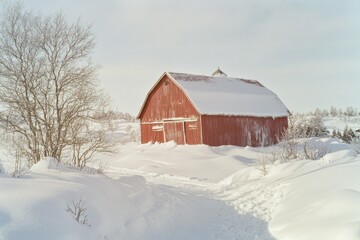 Red barn sitting in deep snow with sleigh tracks leading to it.