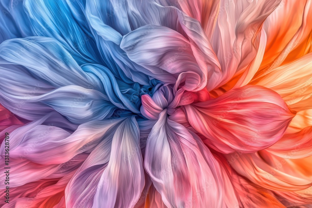 Poster abstract floral design with gradient colors flowing from blue to orange, resembling petals, creating