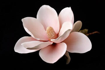 Fototapeta premium This image showcases a single pink peach blossom in full bloom, with a close-up that highlights the delicate details such as the petals, stamen, and bud.