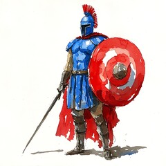 Naklejka premium A Watercolor Painting of a Spartan Warrior in Blue and Red Armor.