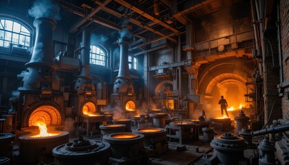 Industrial Foundry with Molten Metal and Workers in Action
