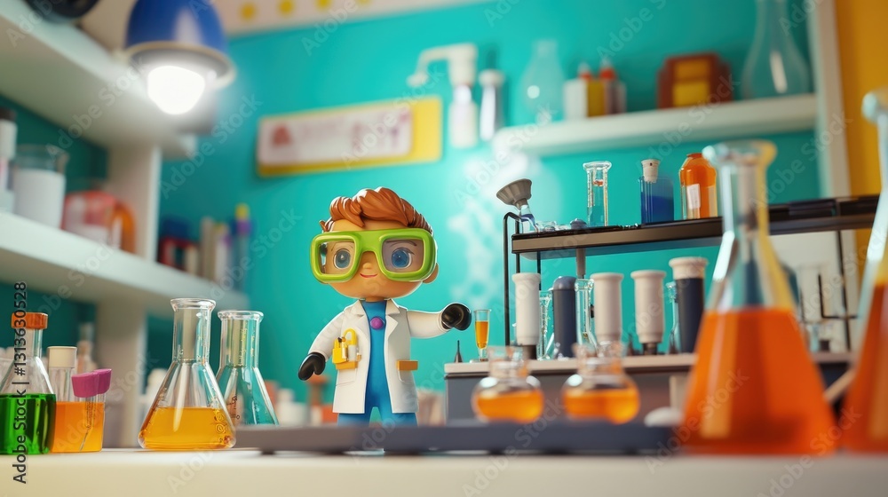 Poster a charming toy scientist in a colorful laboratory, complete with beakers and safety goggles, set in 