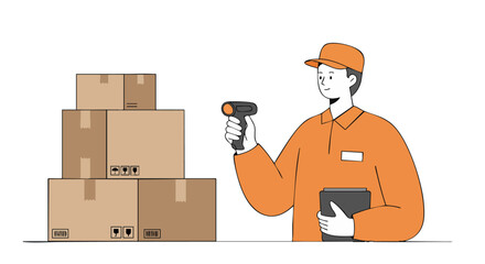 A delivery worker in an orange uniform scans packages for inventory, ensuring efficient logistics and accurate tracking.