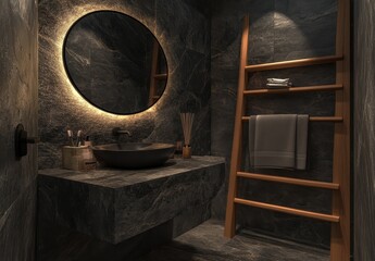 Modern Minimalist Bathroom Design with Elegant Stone Walls, Round Mirror, Wooden Ladder, and Contemporary Accessories for Stylish Interiors