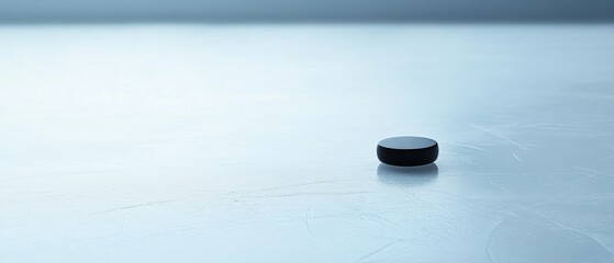 Black hockey puck isolated on smooth ice surface with soft natural lighting creating tranquil atmosphere and subtle shadows