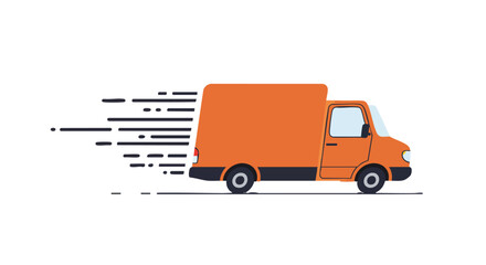 Illustrated orange delivery truck speeding on a beige background, symbolizing fast shipping and efficient logistics.