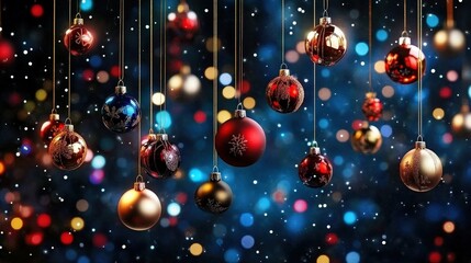 Colorful Christmas baubles suspended from the ceiling create a festive atmosphere.