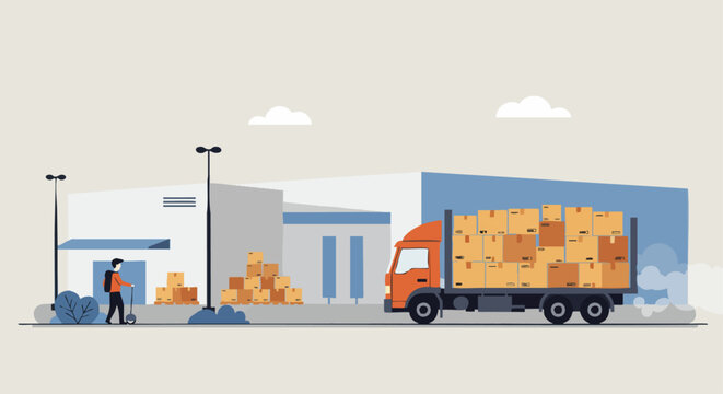 Modern warehouse scene with a small delivery truck unloading boxes, highlighting logistics and efficient supply chain management.