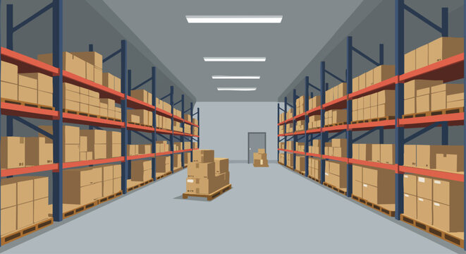 Spacious warehouse with neatly stacked cardboard boxes on shelves, depicting organized storage and efficient inventory management.