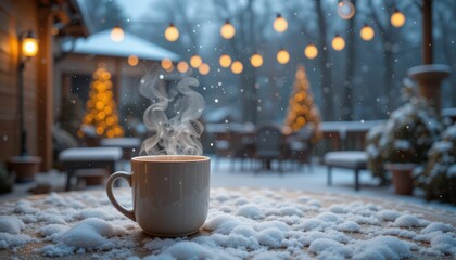 Cozy Winter Scene with Hot Beverage and Snowy Landscape Atmosphere