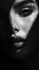 Fototapeta premium Minimalist aesthetic monochrome fashion portrait Dramatic black and white portrait with striking shadows on a woman's face.