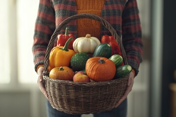 A person is holding a basket filled with freshly picked autumn vegetables, including pumpkins, peppers, and zucchini, showcasing the beauty of the harvest season.