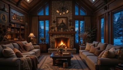 Cozy rustic living room with warm fire and winter scenery outside