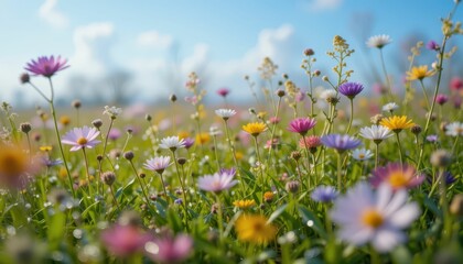 Vibrant Wildflower Meadow Under Bright Blue Sky in Springtime