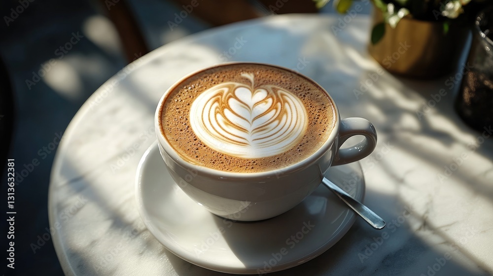Poster a close-up of cappuccino with intricate latte art, placed on a marble table in a cozy, sunlit cafe s