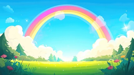 Vibrant Rainbow Arching Over Lush Green Field with Fluffy Clouds and Bright Blue Sky