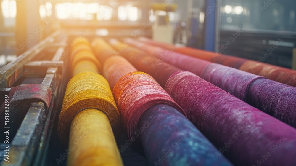 Poster a close-up of vivid fabric rolls in an industrial textile factory, showcasing various colors in the 