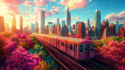 Fototapeta premium Pink subway train passing through vibrant city skyline