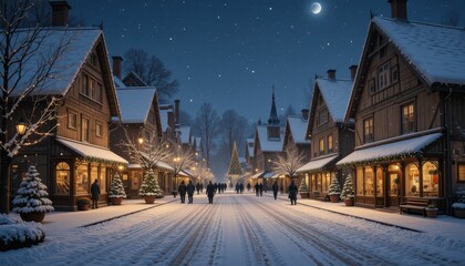 Naklejka premium Serene Winter Evening in a Snowy Village with Twinkling Lights