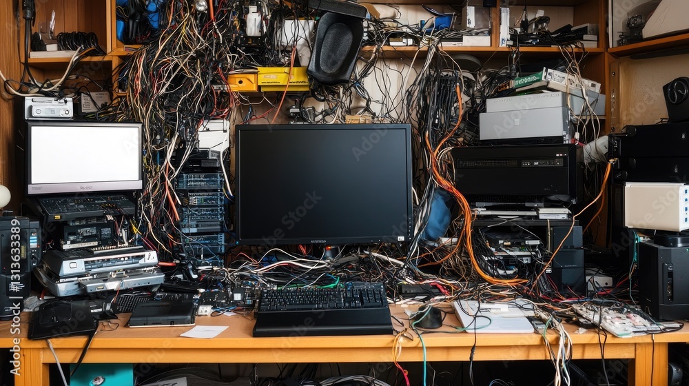 Fototapete A cluttered computer desk filled with tangled wires, cords, electronic devices, and components, creating a chaotic and disorganized workspace.