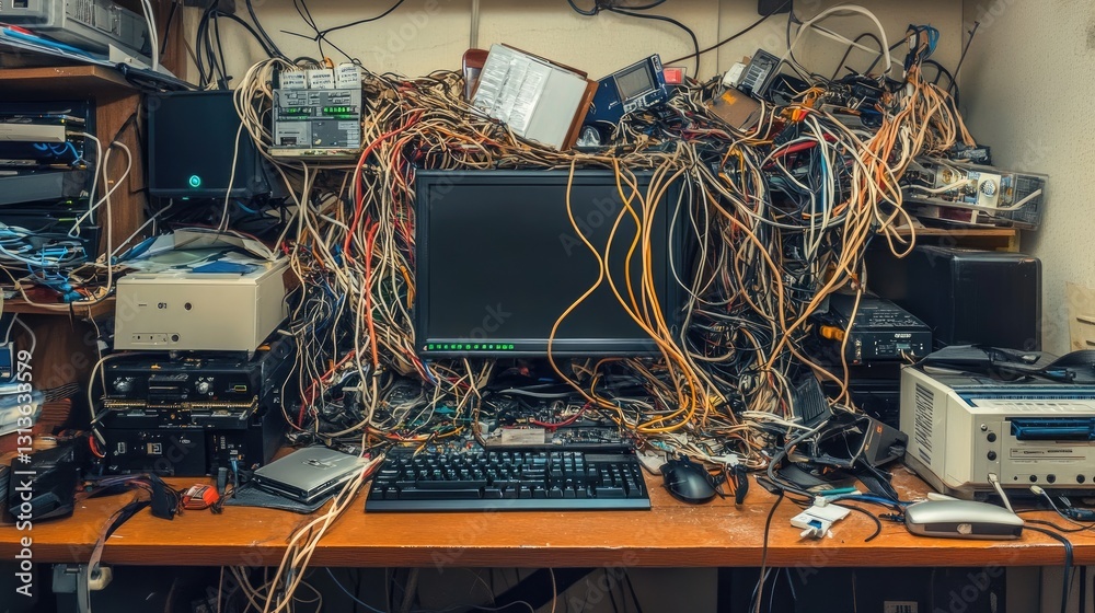 Poster A cluttered computer desk filled with tangled wires, cords, electronic devices, and components, creating a chaotic and disorganized workspace.