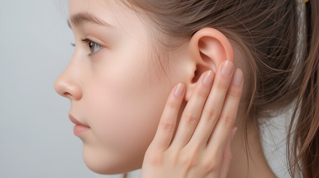 The girl holds her hand on her protruding protruding ear with marks for plastic surgery. Changes in the shape of the pinna and ear. Pediatric otoplasty. Copy space for text