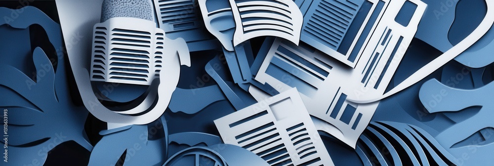 Poster layered silhouettes of microphones and newspapers create a modern backdrop for news headlines genera