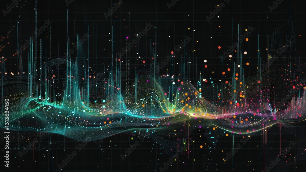 Poster abstract visualization of glowing dots and lines on a dark background. digital artwork of glowing vi